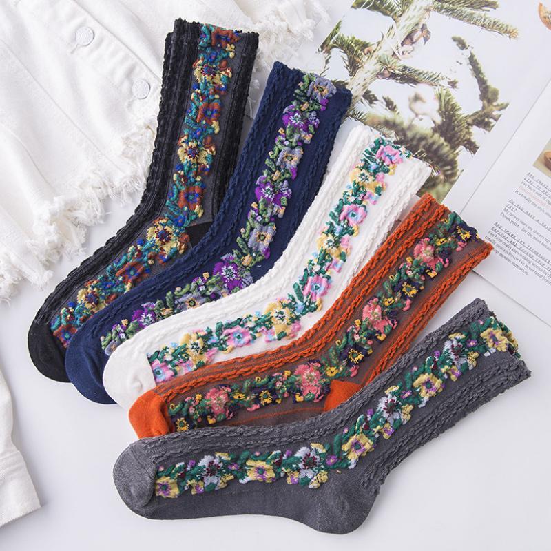 5 pairs Vintage Embroidered Floral Socks