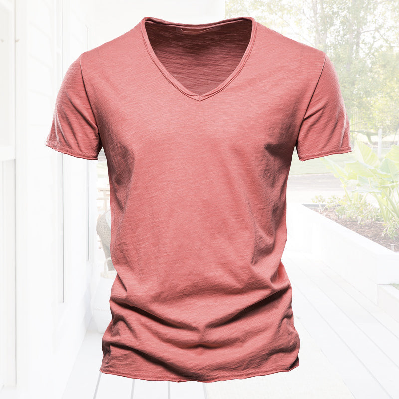 Plain Slub Cotton V-neck T-shirt