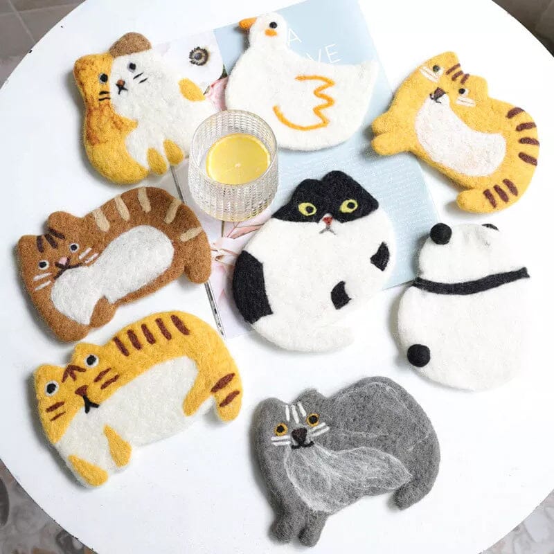 Cute Handmade Wool Felt Animal Kitty Cat Cup Coasters
