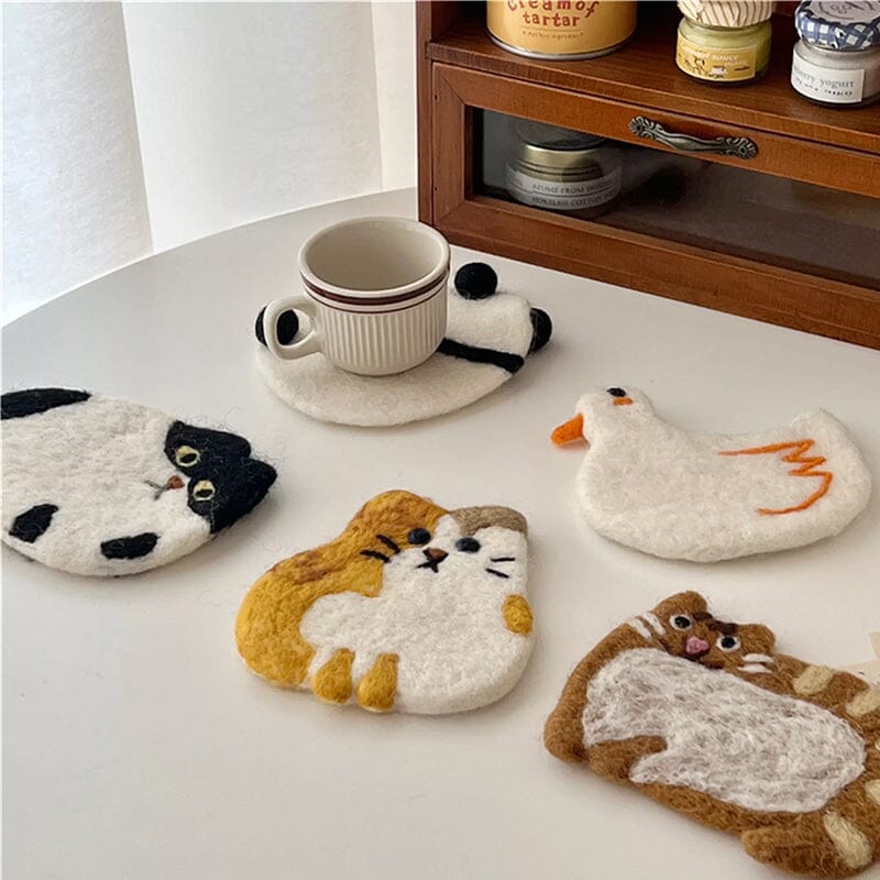 Cute Handmade Wool Felt Animal Kitty Cat Cup Coasters
