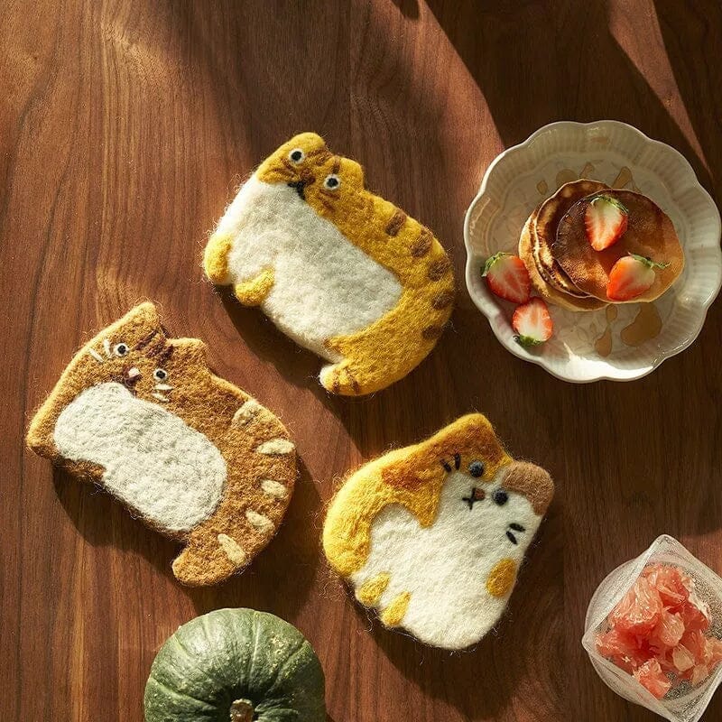 Cute Handmade Wool Felt Animal Kitty Cat Cup Coasters