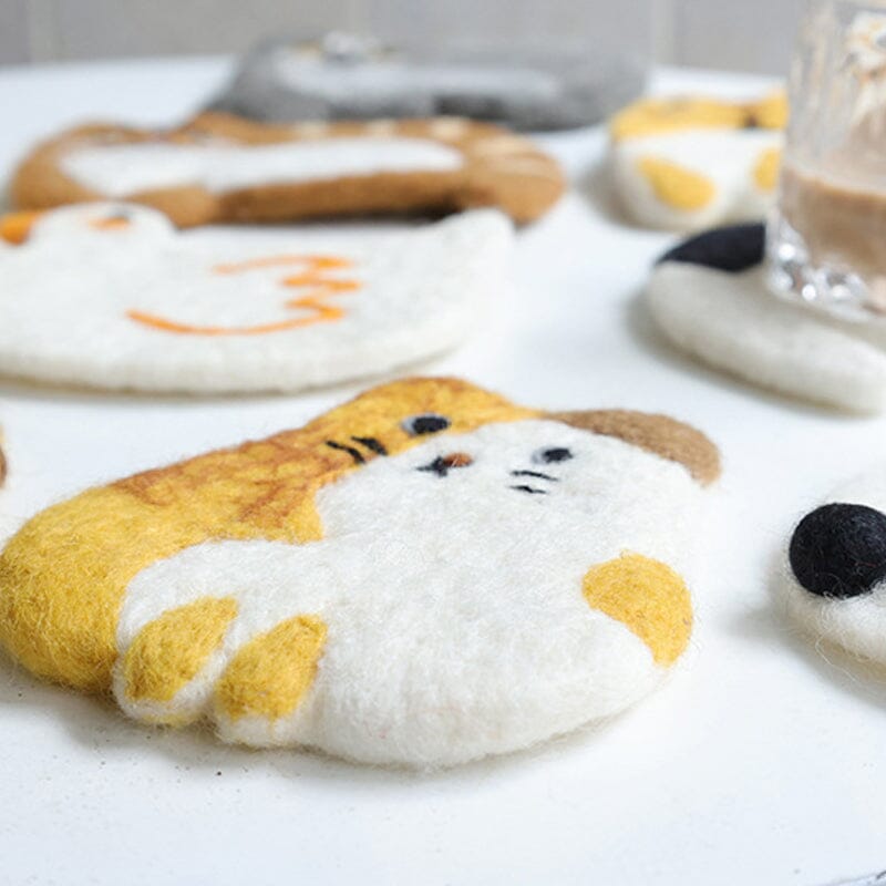 Cute Handmade Wool Felt Animal Kitty Cat Cup Coasters