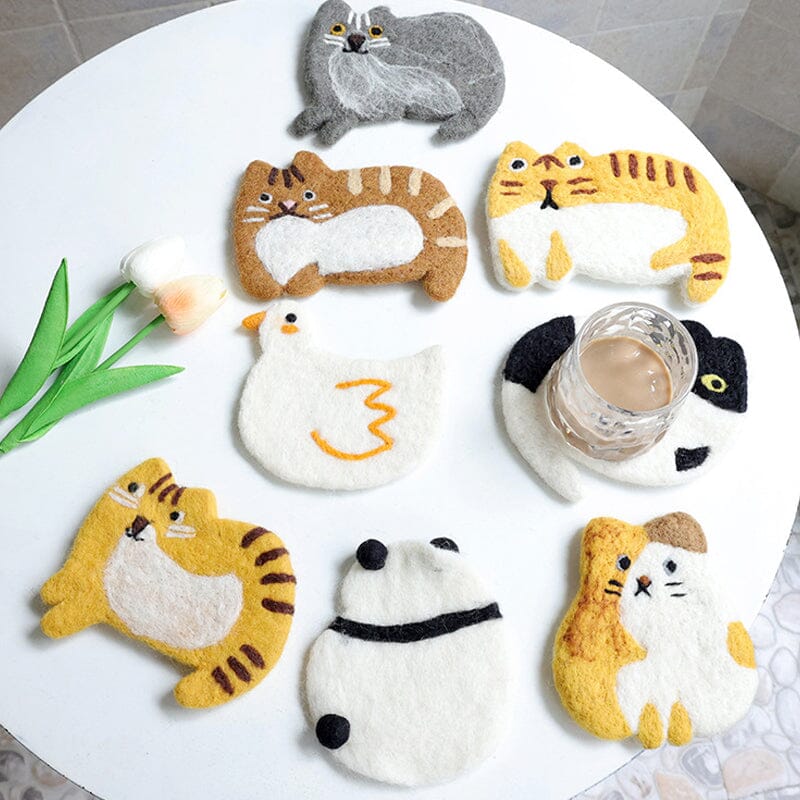 Cute Handmade Wool Felt Animal Kitty Cat Cup Coasters