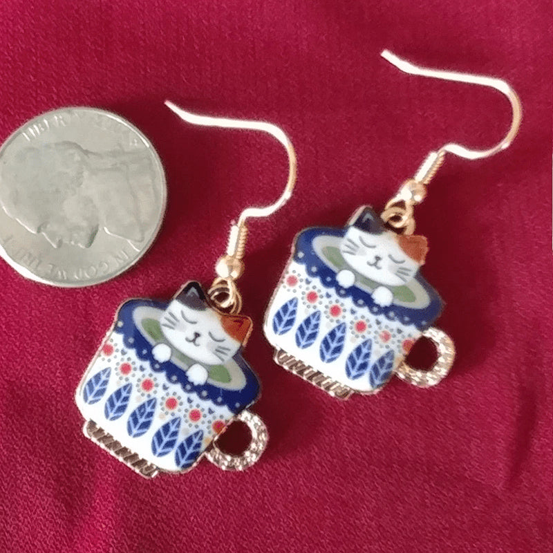 Beautifully Detailed Cat In Teacup Earrings