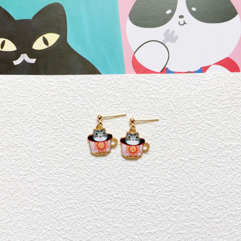Beautifully Detailed Cat In Teacup Earrings