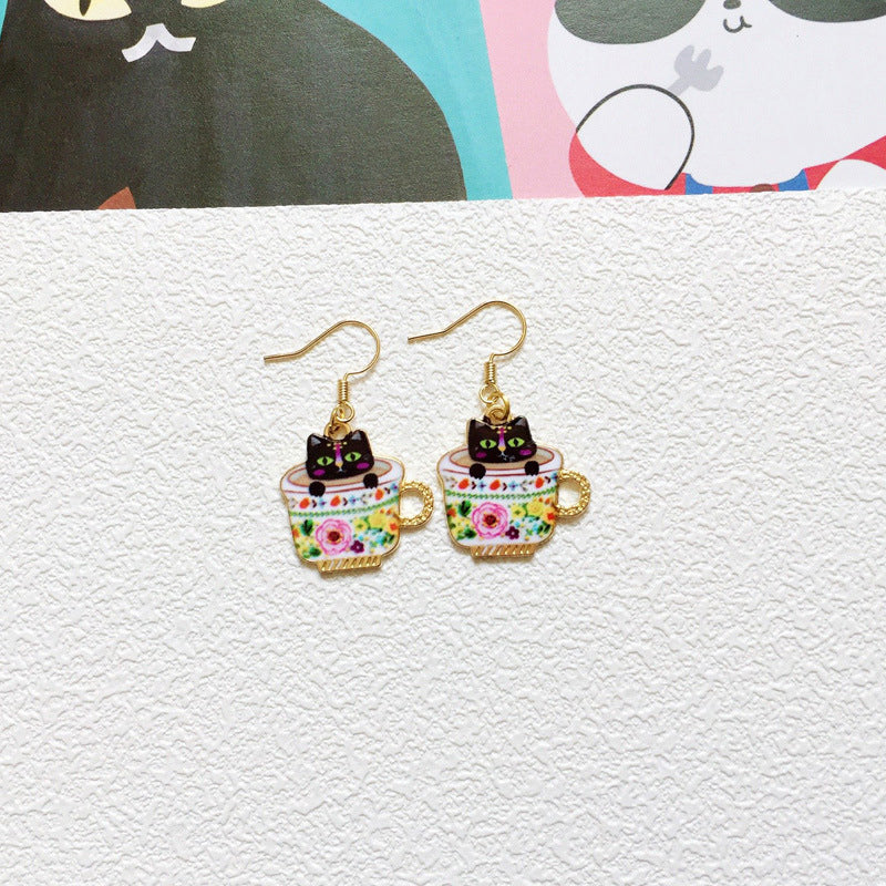 Beautifully Detailed Cat In Teacup Earrings