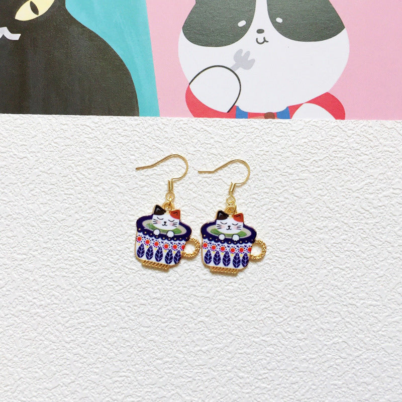 Beautifully Detailed Cat In Teacup Earrings