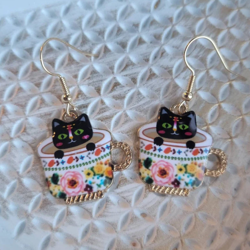 Beautifully Detailed Cat In Teacup Earrings