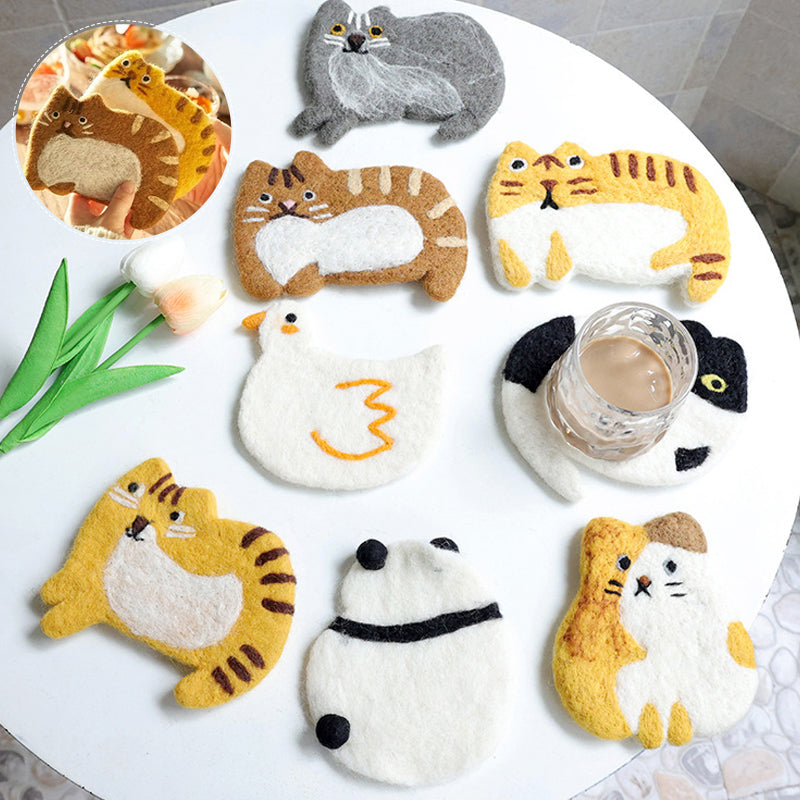 Cute Handmade Wool Felt Animal Kitty Cat Cup Coasters