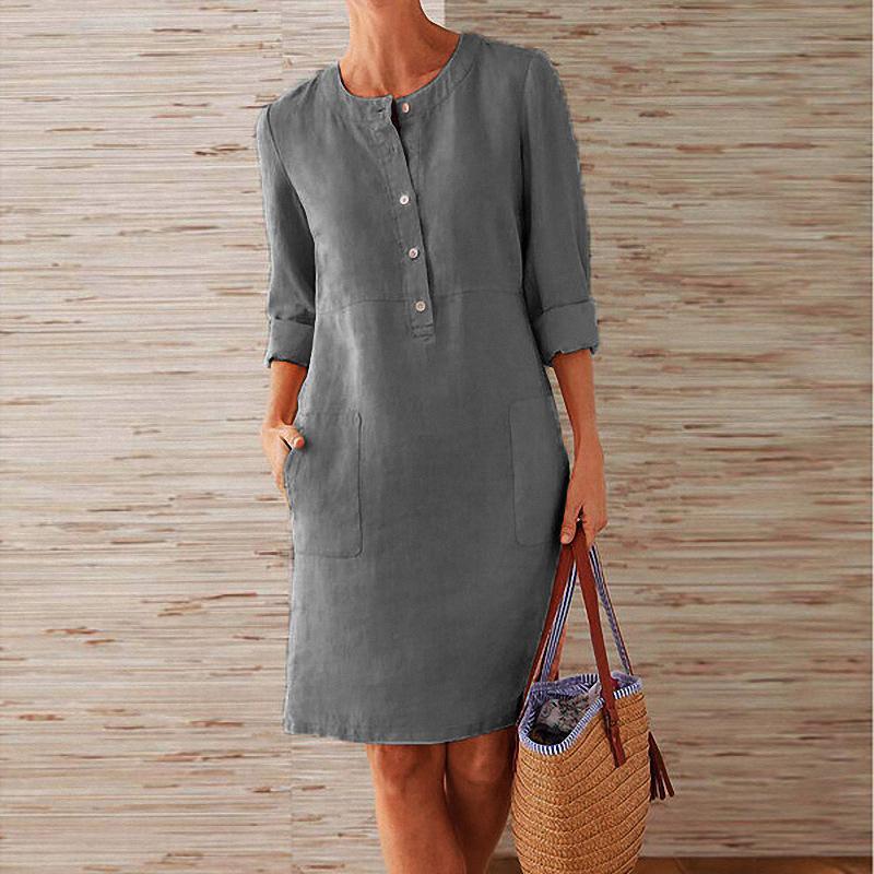 New Solid Color Cotton and Linen Dress
