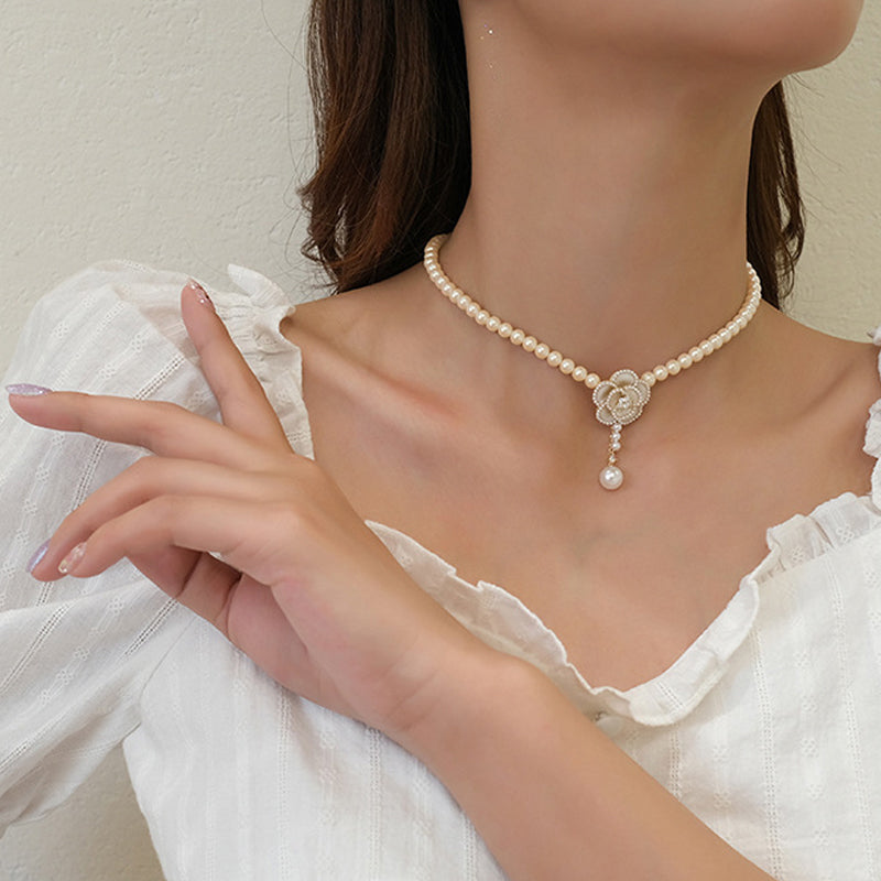 Elegant Pearl Camellia Necklace