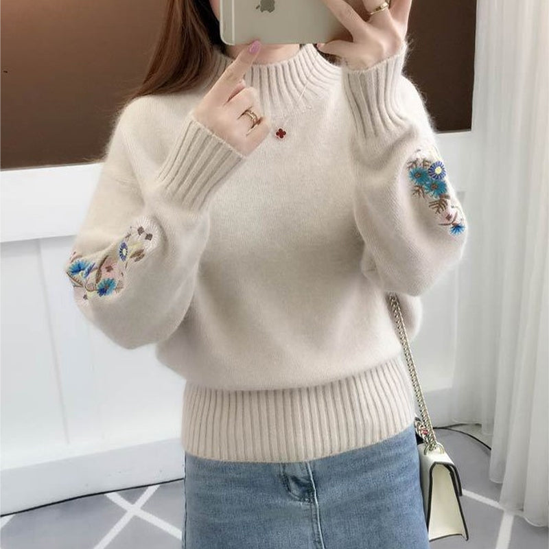 Knitted Floral Embroidery Thick Sweater