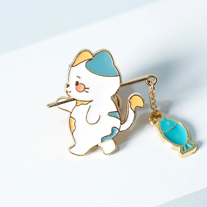 Cute Cat Fishing Brooch