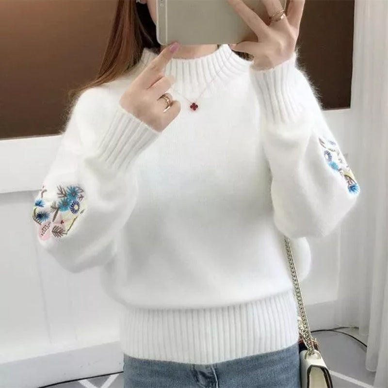 Knitted Floral Embroidery Thick Sweater