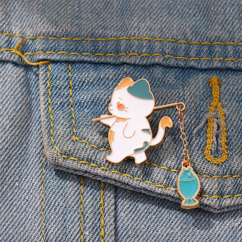 Cute Cat Fishing Brooch