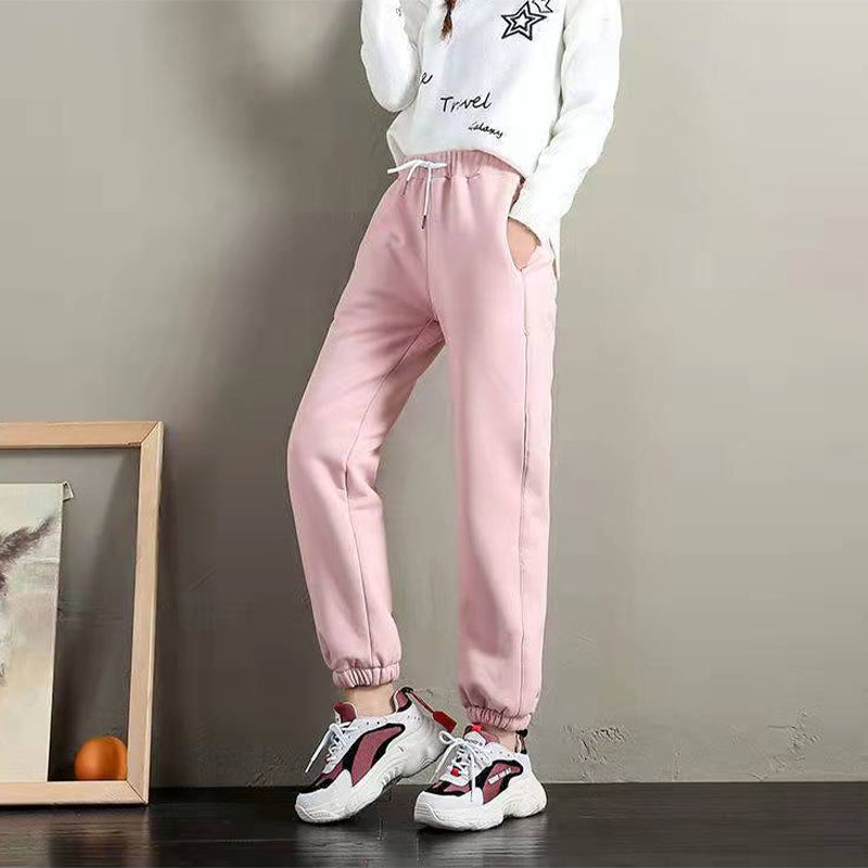 Women Warm Fleece Cotton Round Neck Solid Joggers Sweatpants