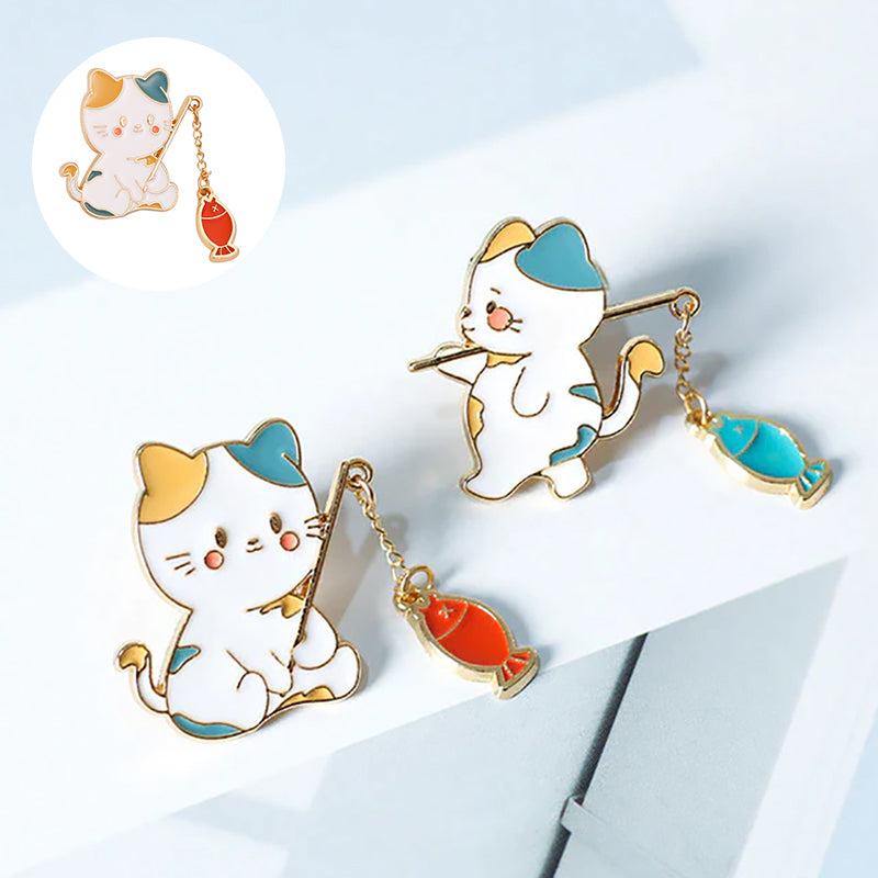 Cute Cat Fishing Brooch