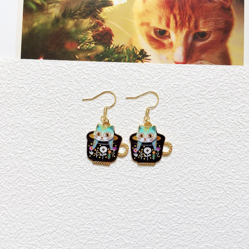 Beautifully Detailed Cat In Teacup Earrings