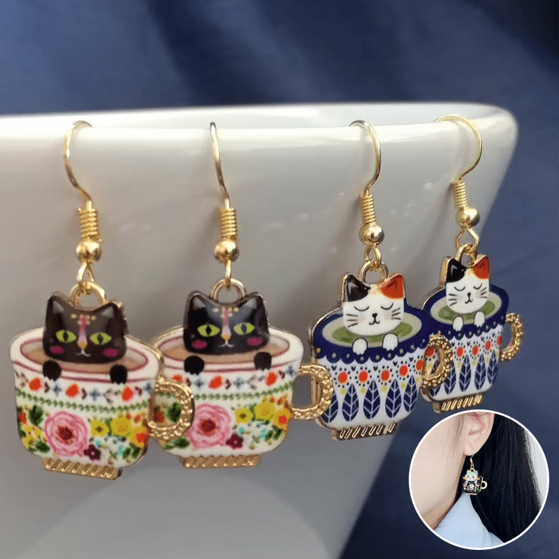 Beautifully Detailed Cat In Teacup Earrings